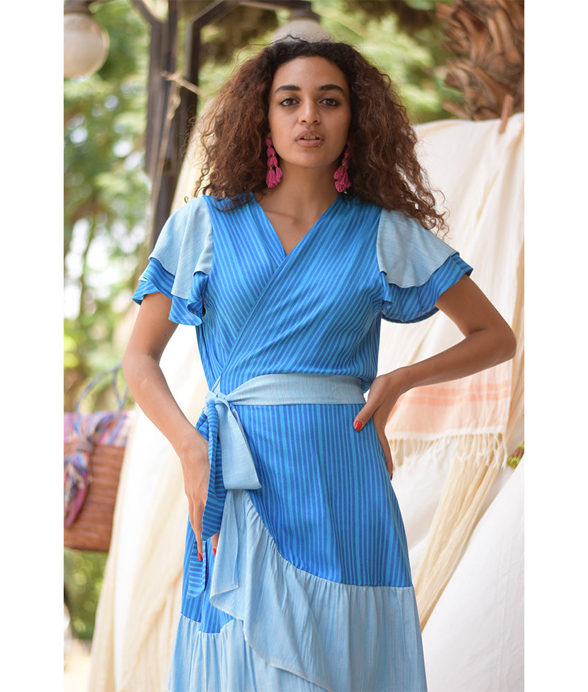 Shades of Blue Handwoven Short Spiral Dress handmade in Egypt & available at Jozee Boutique.