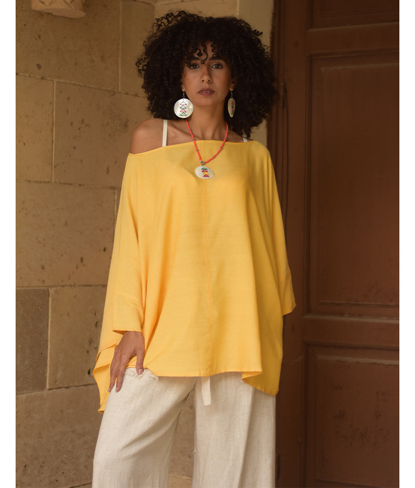 Yellow Viscose Oversized Top with Flowing Silhouette handmade in Egypt & available at Jozee Boutique.