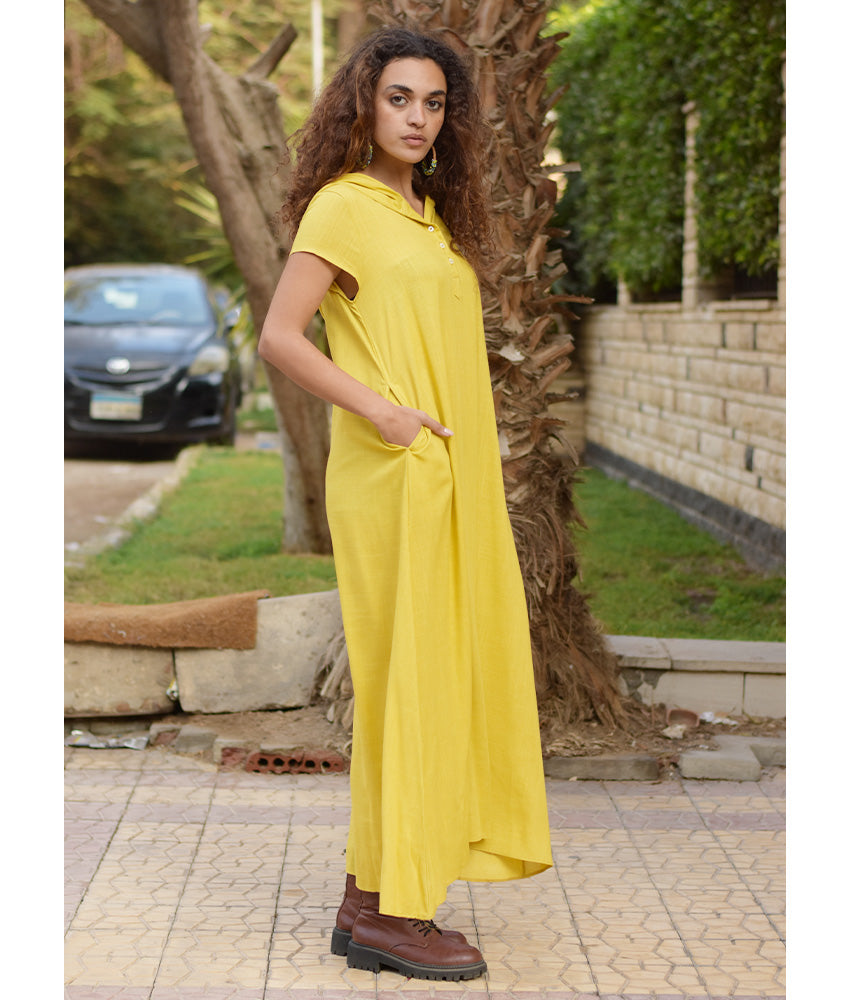 Mustard Linen Dress with Hoodie handmade in Egypt & available at Jozee Boutique.