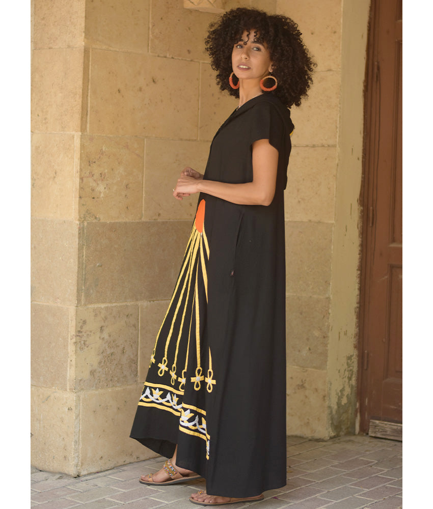 Black Linen Dress with Khyamia Ancient Egyptian Crafts Patchwork handmade in Egypt & available at Jozee Boutique.