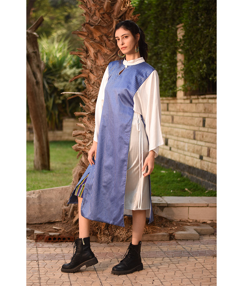Blue & Silver Silk & Cotton Loom Woven Long Sleeve Tunic handmade in Egypt & available at Jozee Boutique.