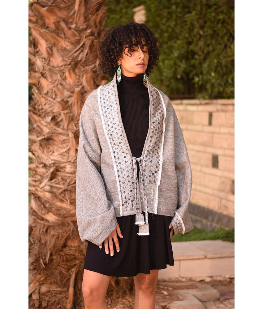 Grey Thin Wool Bolero with Silk & Cotton Loom Woven Patches handmade in Egypt & available at Jozee Boutique.
