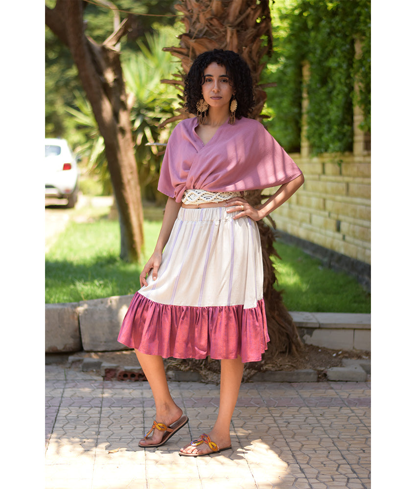 Beige & Purple Handwoven Short Ruffle Skirt handmade in Egypt & available at Jozee Boutique.