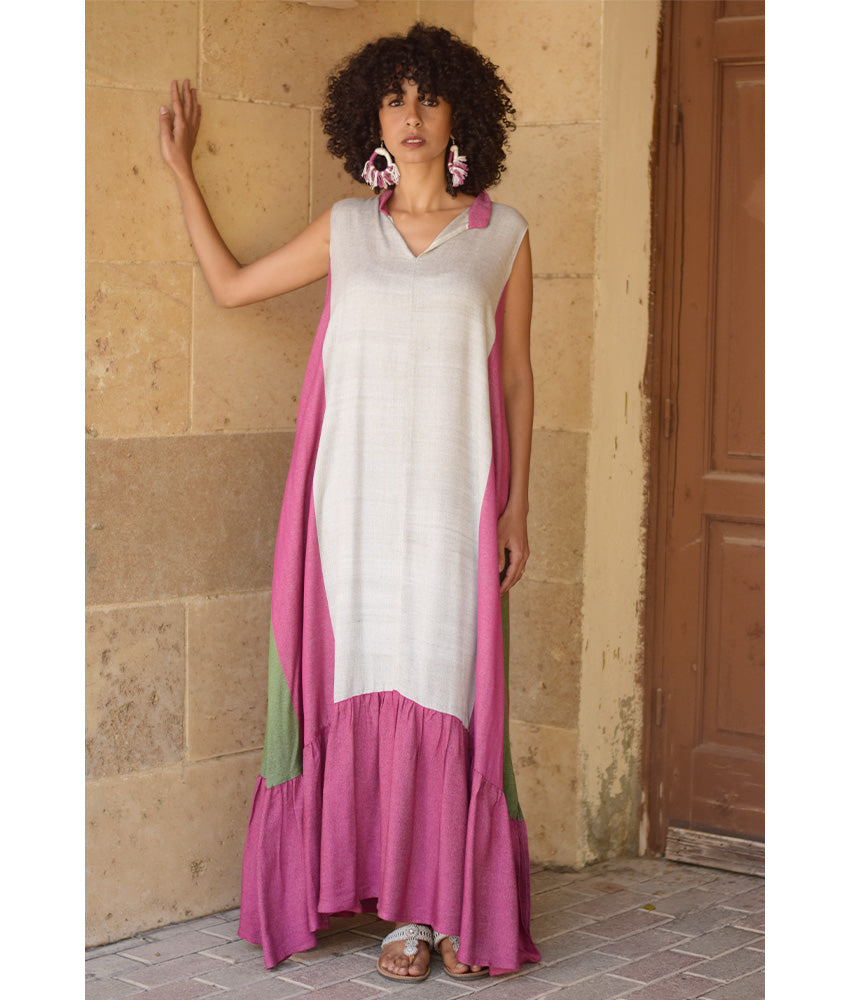 Fuchsia Pink & Grey Handwoven Ruffle Dress Handmade in Egypt & available at Jozee Boutique