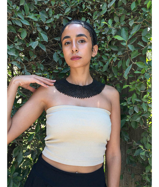 Black French Loom Beaded Necklace handmade in Egypt & available at Jozee Boutique.