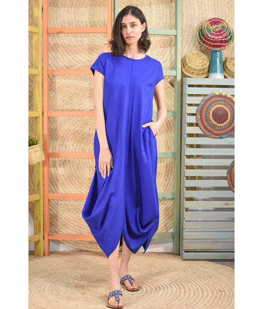 Electric blue Linen Tent Dress With Side Buttons handmade in Egypt & available at Jozee boutique