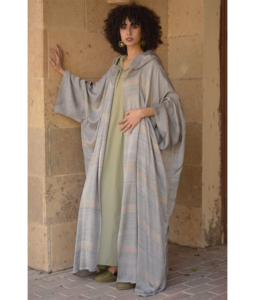 Grey Viscose Cardigan with Hoodie handmade in Egypt & available at Jozee Boutique.