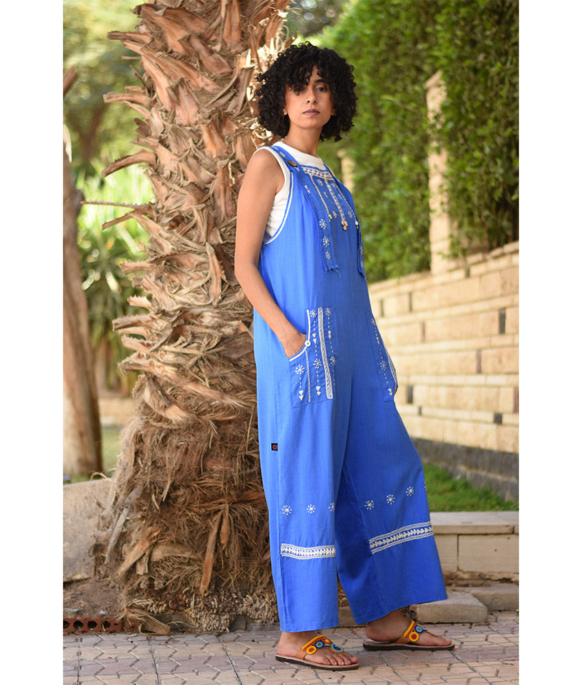 Denim Blue Siwa Embroidered Linen Jumpsuit Handmade in Egypt & available at Jozee Boutique