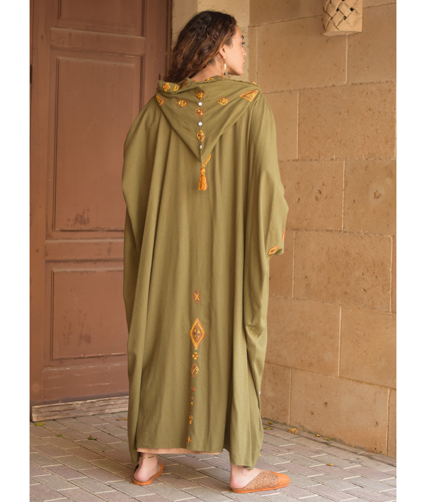 Army green Siwa Embroidered Linen Cardigan/Abaya with Hoodie handmade in Egypt & available at Jozee Boutique.