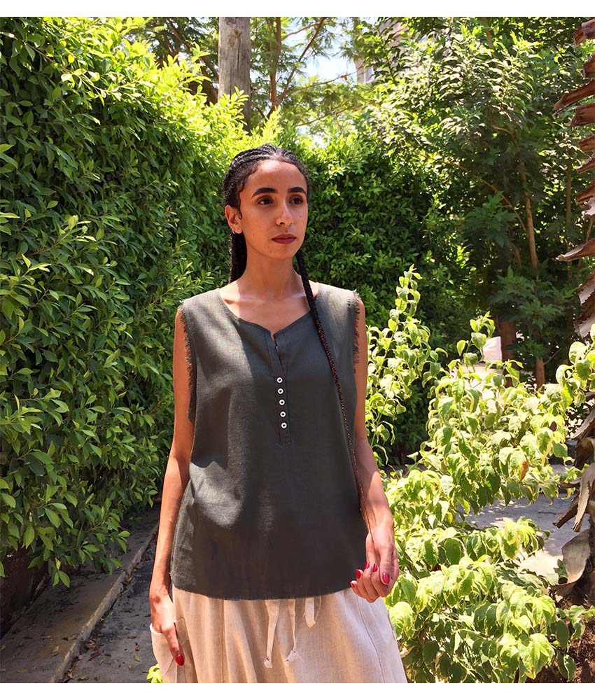 Army Green Linen Top handmade in Egypt & available in Jozee boutique