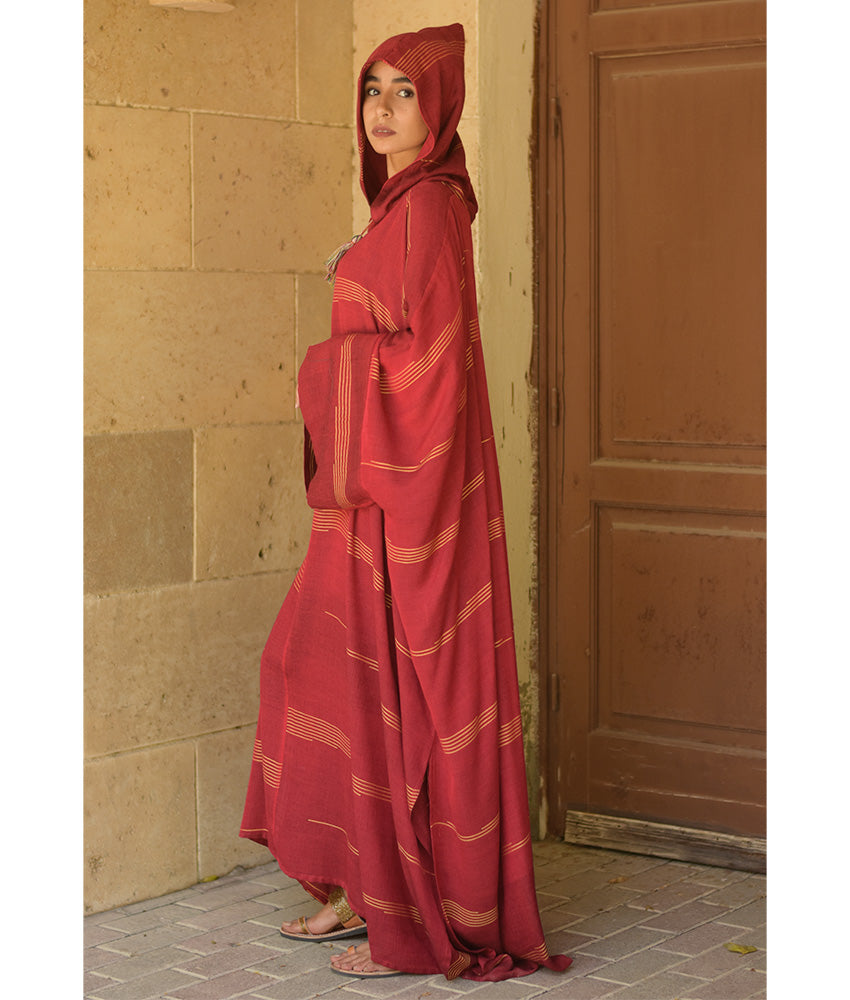 Burgundy & Mustard Stripped Viscose Kaftan with Hoodie handmade in Egypt & available at Jozee Boutique.