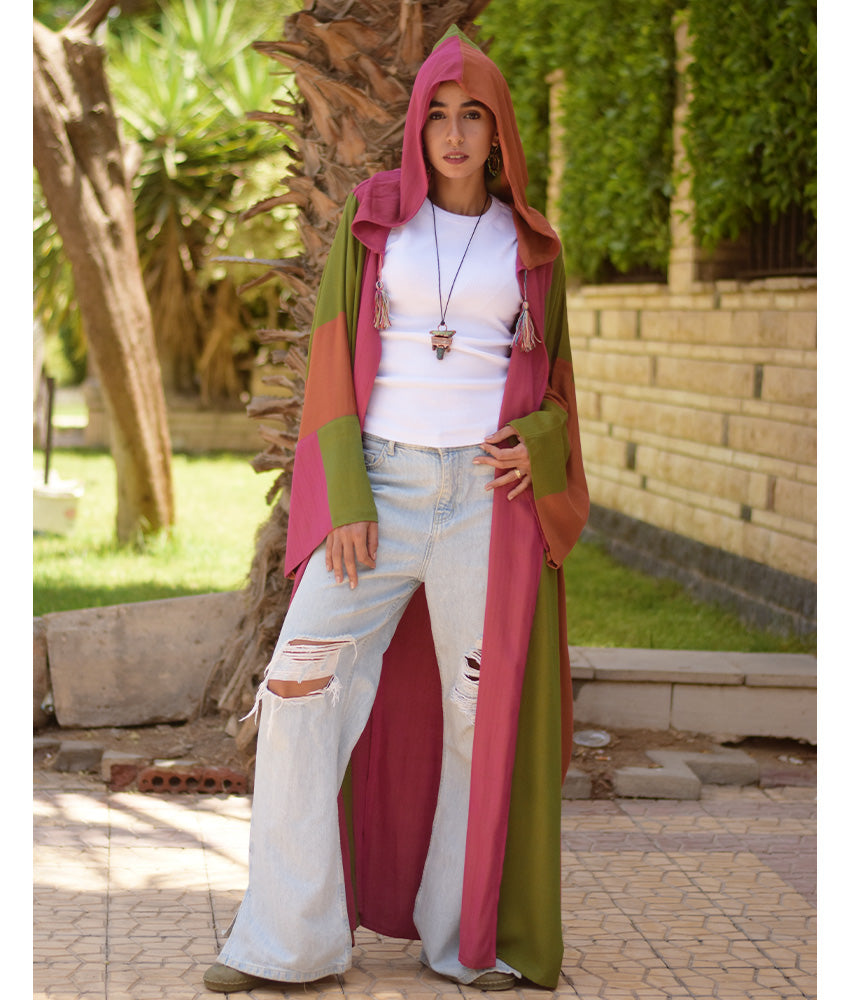 Pink, Green & Orange Viscose Cardigan with Hoodie handmade in Egypt & available at Jozee Boutique.