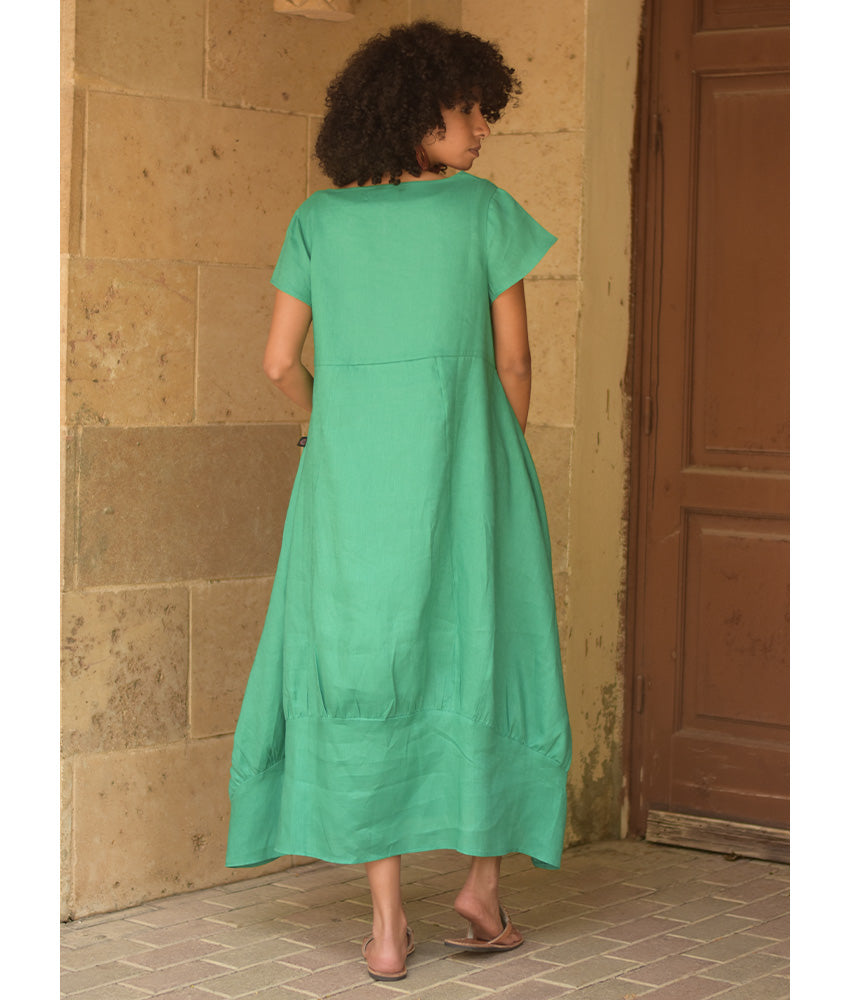 Turquoise Raw Linen Balloon Dress handmade in Egypt & available at Jozee boutique