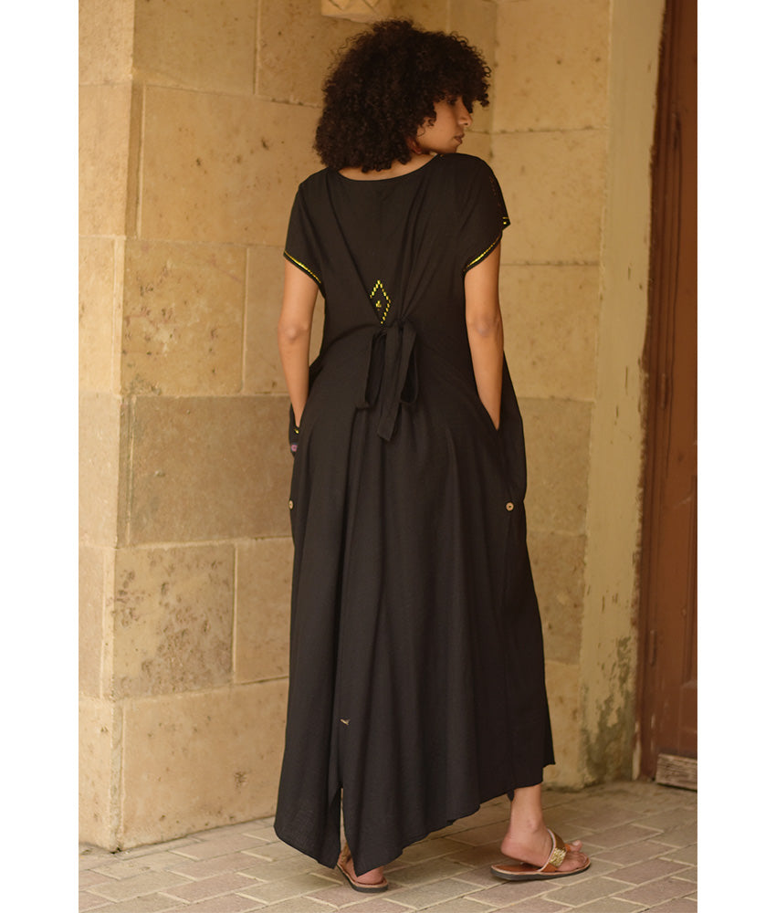 Black Linen Dress with Gold Tally Embroideries handmade in Egypt & available at Jozee boutique