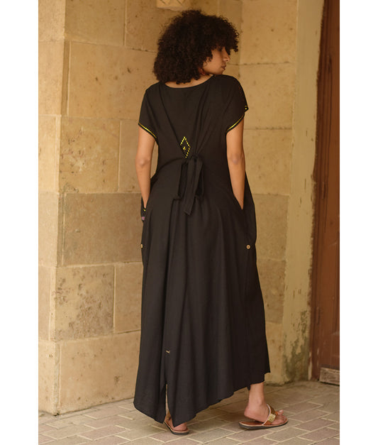 Black Linen Dress with Gold Tally Embroideries handmade in Egypt & available at Jozee boutique