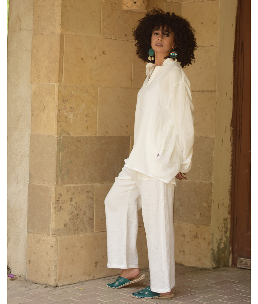 White Cotton Textured Oversized Top handmade in Egypt & available at Jozee boutique