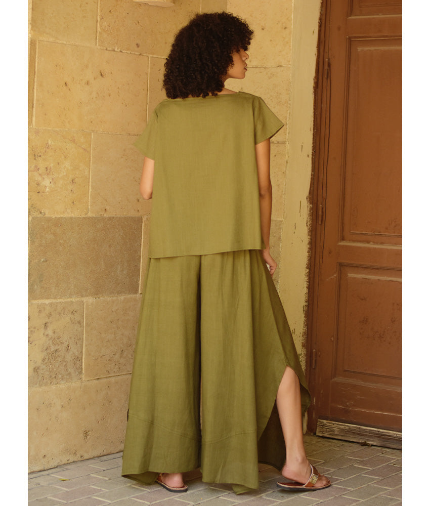 Olive green Linen Draped Wide-Leg Pants handmade in Egypt & available in Jozee boutique