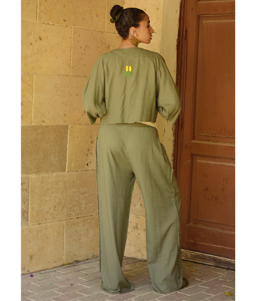 Olive Embroidered Linen Cotton Mix Bolero/Top & Pants Set handmade in Egypt & available in Jozee boutique