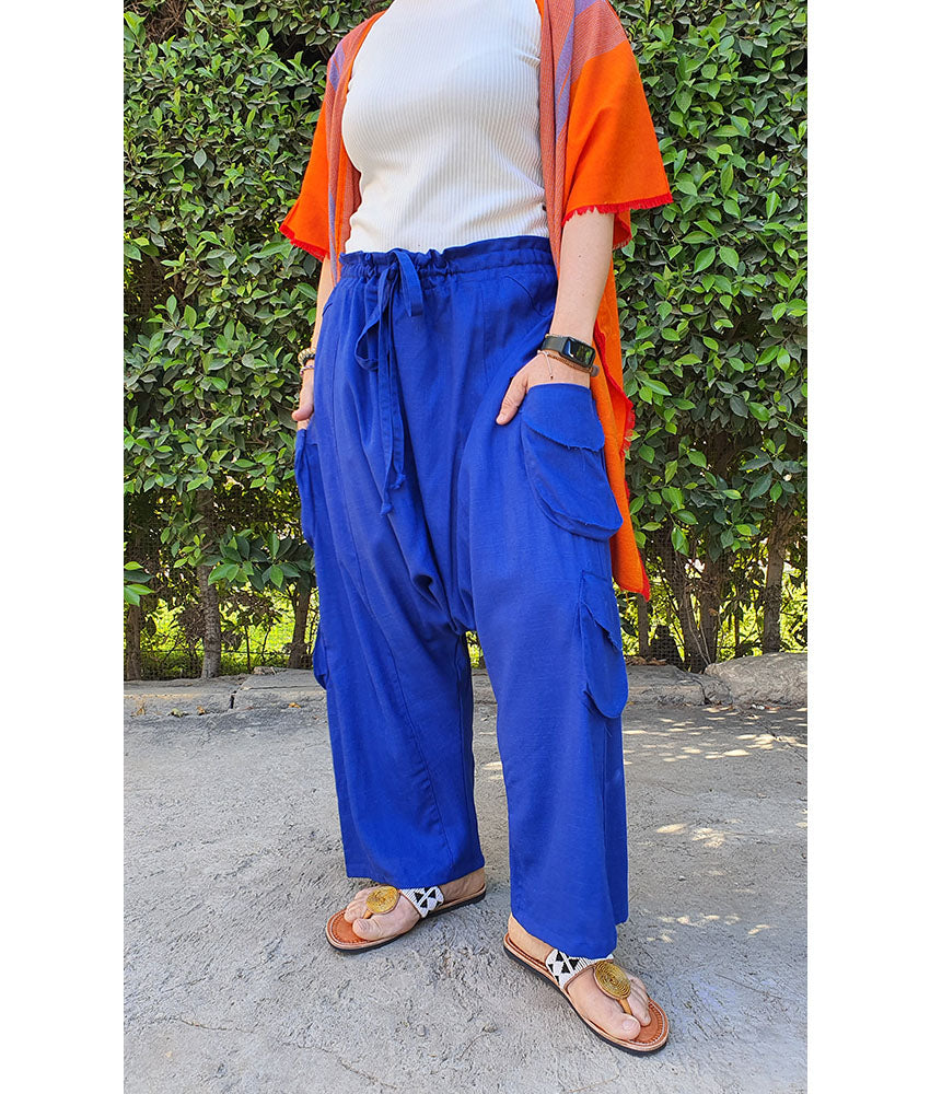 Electric Blue Linen Baggy Harem Pants handmade in Egypt & available in Jozee Boutique