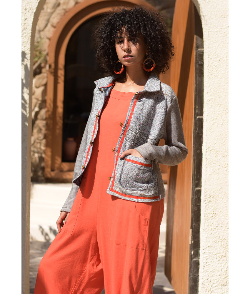 Grey Cropped Akhmim Loomwoven Jacket handmade in Egypt & available at Jozee Boutique.handmade in Egypt & available at Jozee Boutique.