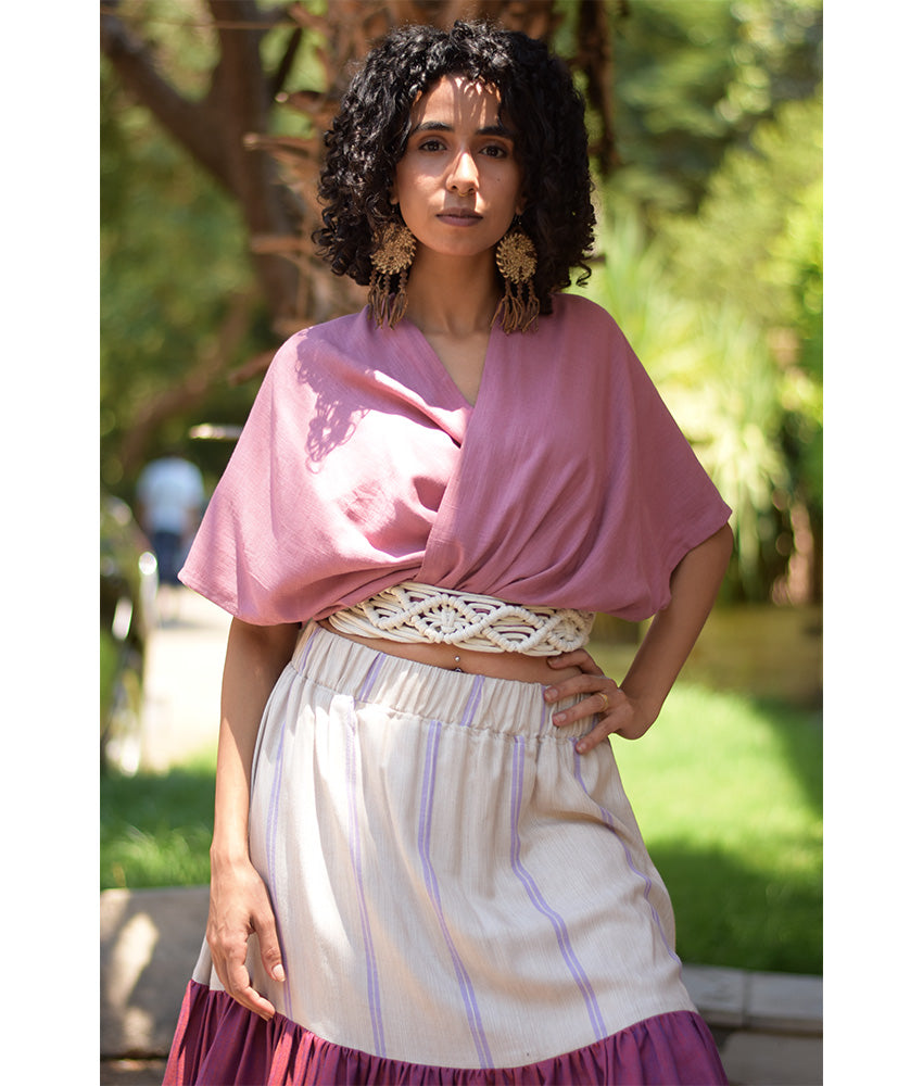 Beige & Purple Handwoven Short Ruffle Skirt handmade in Egypt & available at Jozee Boutique.