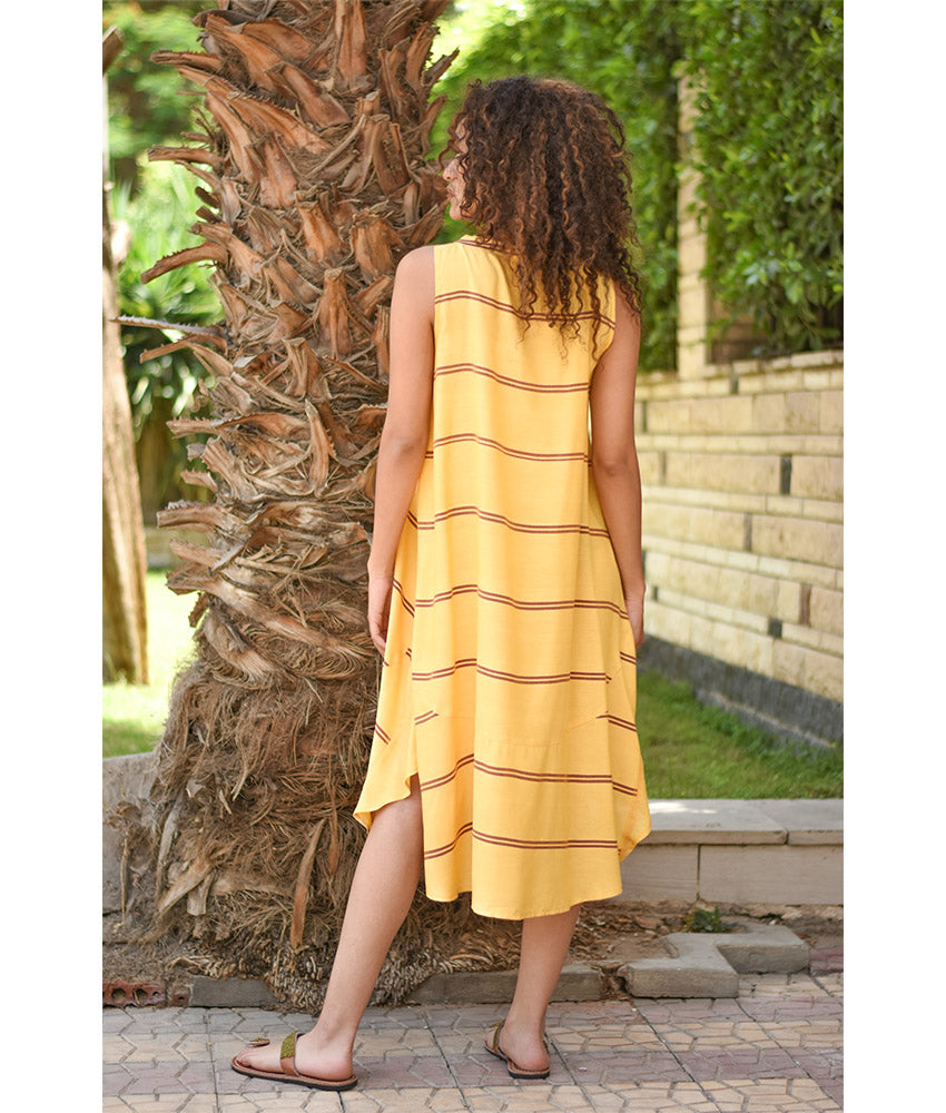 Yellow & Purple Viscose Midi Sleeveless Dress Handmade in Egypt & available in Jozee boutique