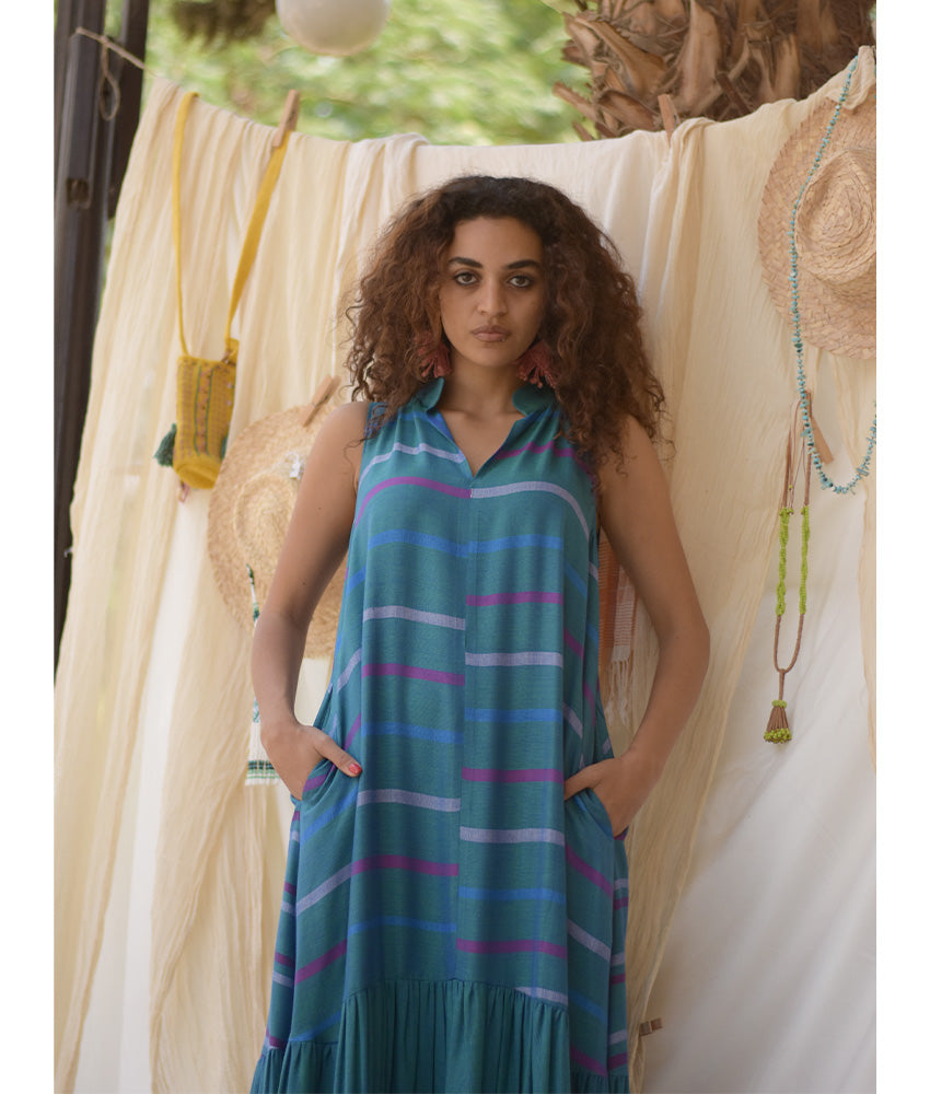 Turquoise Handwoven Ruffle Dress handmade in Egypt & available in Jozee boutique