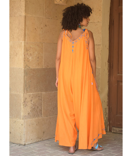 Orange Siwa Embroidered Linen Flowy Jumpsuit/Dress handmade in Egypt & available at Jozee Boutique.