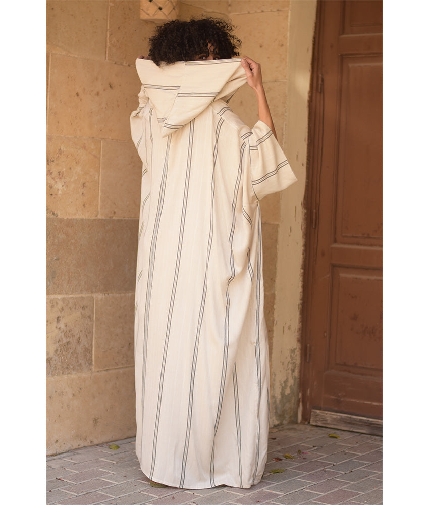 Beige Stripped Viscose Kaftan with Hoodie handmade in Egypt & available at Jozee Boutique.