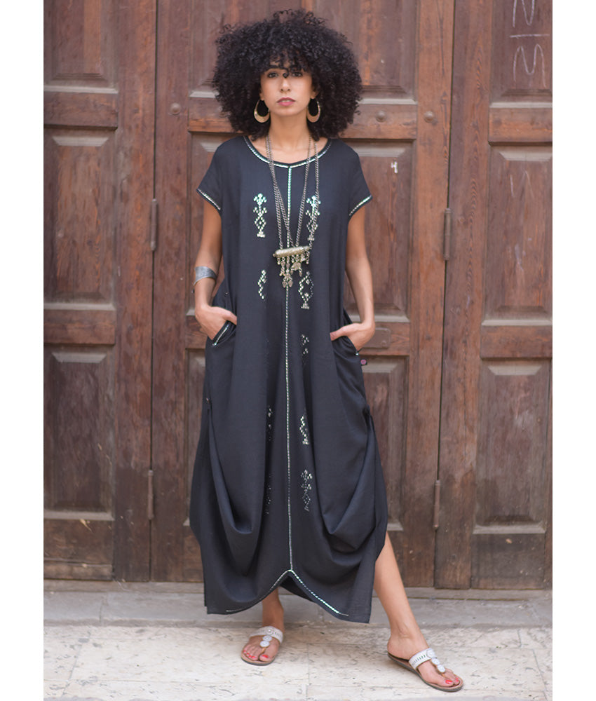 Black Linen Dress with silver Tally Embroideries handmade in Egypt & available at Jozee boutique