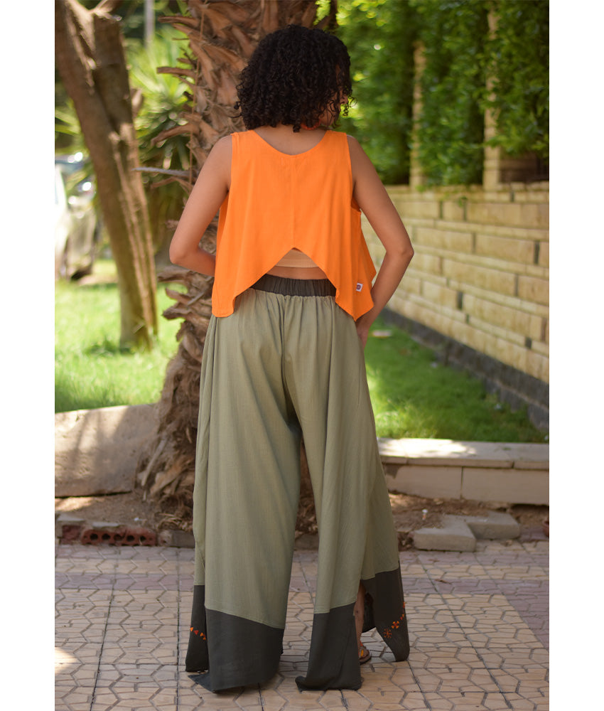 Light Olive Green Siwa Embroidered Flowy Pants handmade in Egypt & available at Jozee Boutique.