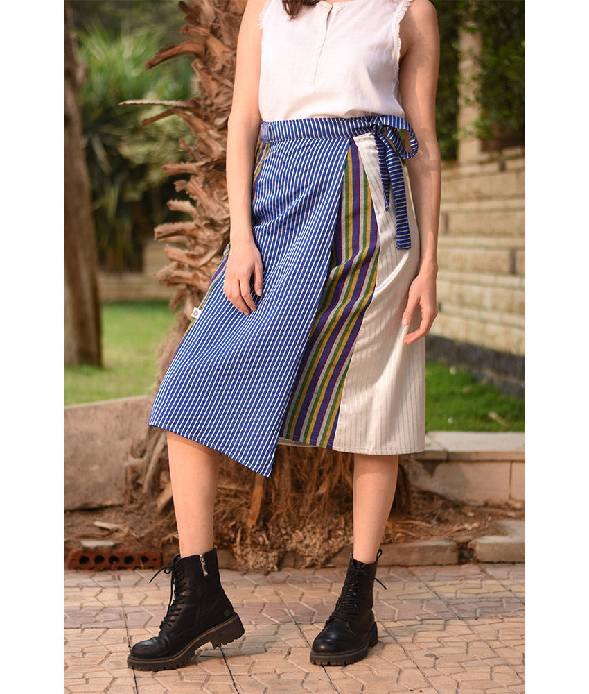 Silver & Blue Silk and Cotton Loom Woven Midi Wrap Skirt handmade in Egypt & available at Jozee Boutique.