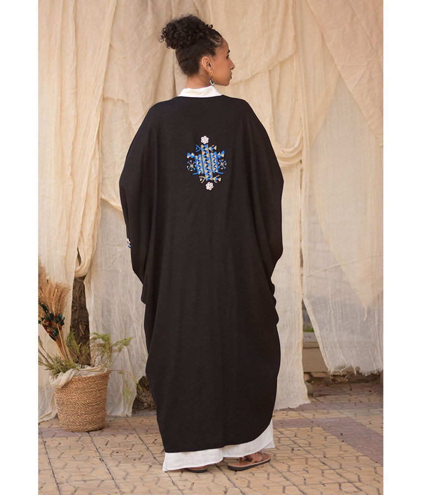 Black Siwa Embroidered Handwoven Linen Cardigan handmade in Egypt & available at Jozee Boutique.