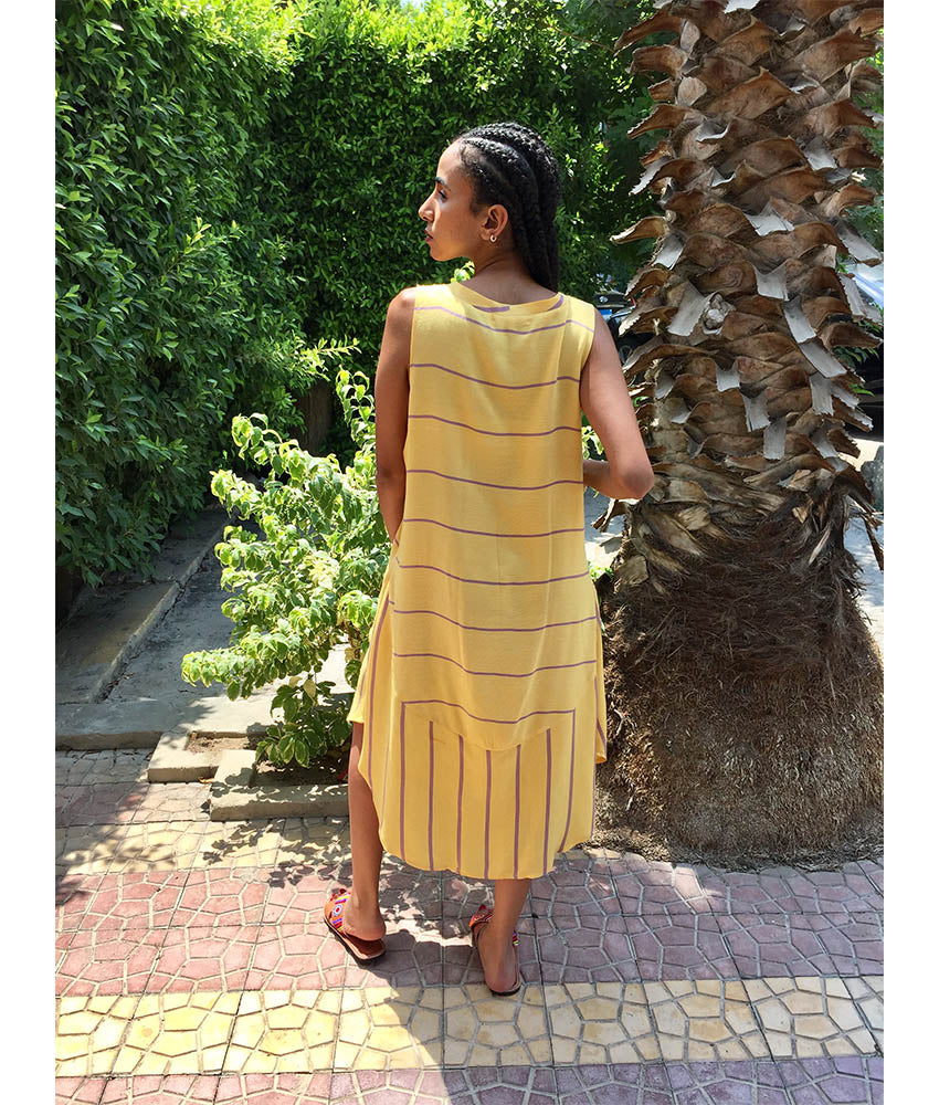 Yellow & Purple Viscose Midi Sleeveless Dress Handmade in Egypt & available in Jozee boutique