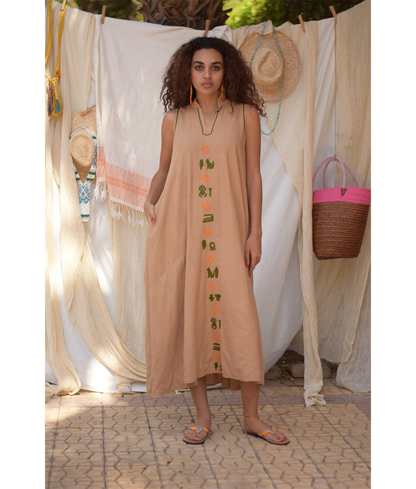 Dark Beige Linen Dress with Hand Embroideries handmade in Egypt & available at Jozee Boutique.