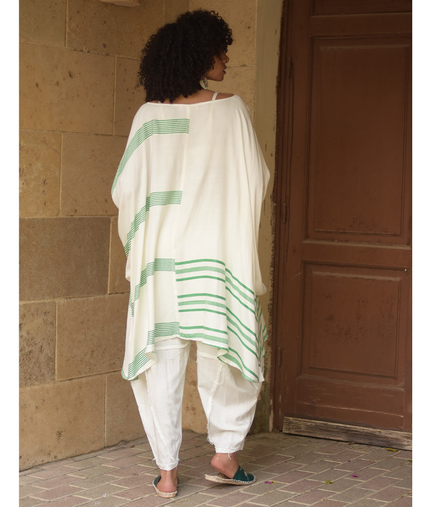 Off white & Green Viscose Midi Dress with Inspired Pattern handmade in Egypt & available at Jozee Boutique.