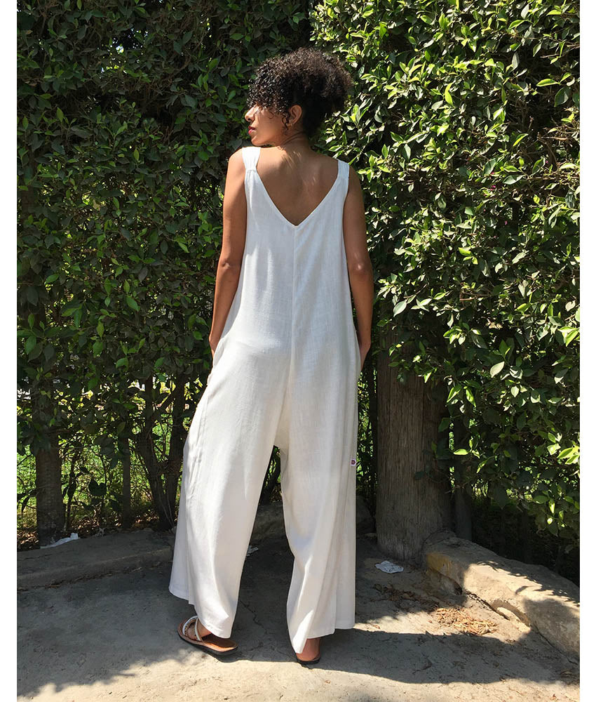 White Linen Jumpsuit handmade in Egypt & available at Jozee Boutique.