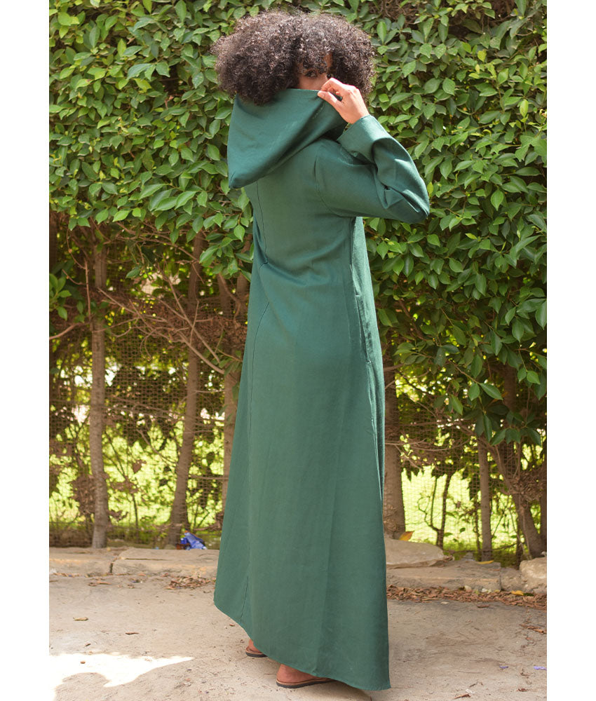 Emerald Green Linen Dress with Hoodie handmade in Egypt & available at Jozee Boutique.