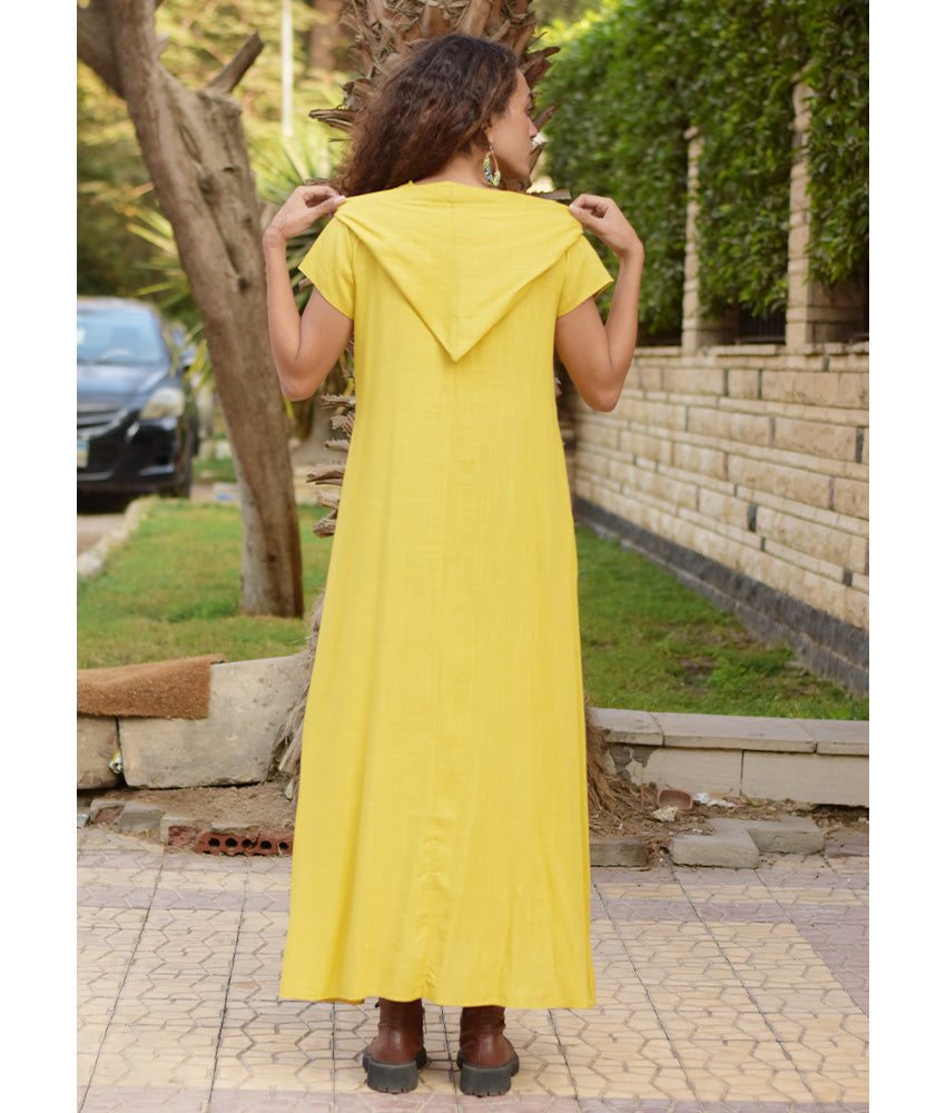 Mustard Linen Dress with Hoodie handmade in Egypt & available at Jozee Boutique.