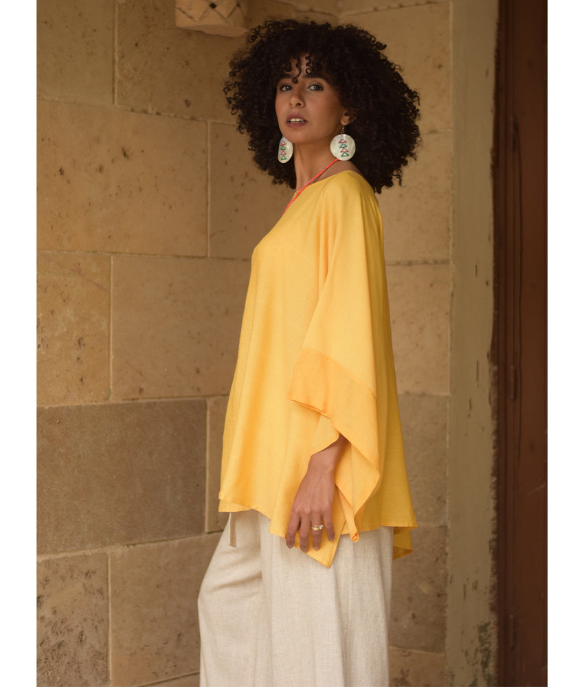 Yellow Viscose Oversized Top with Flowing Silhouette handmade in Egypt & available at Jozee Boutique.