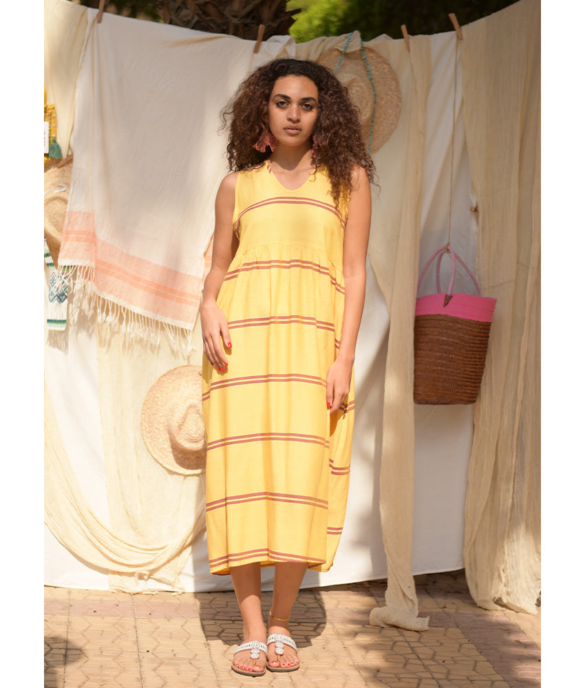 Yellow Viscose Midi Sleeveless Dress handmade in Egypt & available at Jozee Boutique.