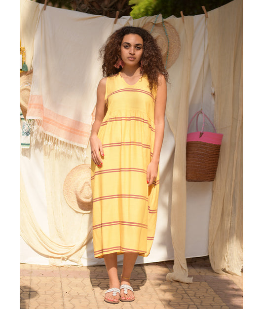 Yellow Viscose Midi Sleeveless Dress handmade in Egypt & available at Jozee Boutique.