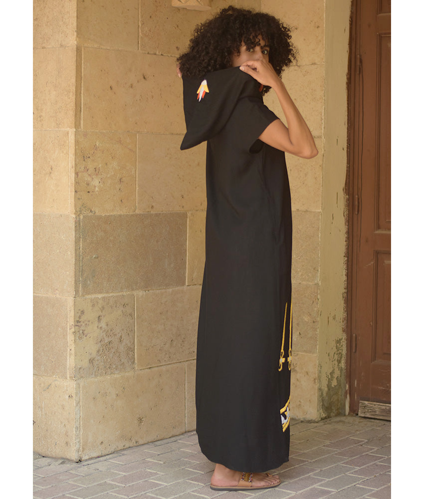 Black Linen Dress with Khyamia Ancient Egyptian Crafts Patchwork handmade in Egypt & available at Jozee Boutique.