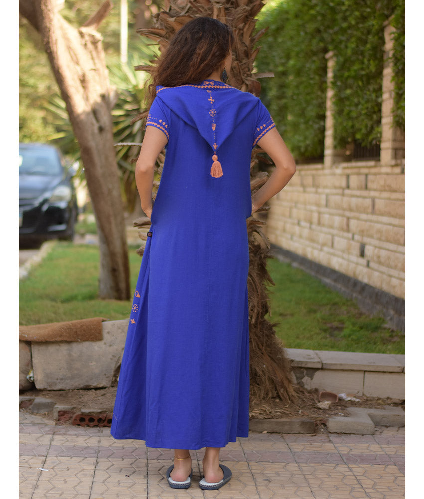 Electric Blue Siwa Embroidered Linen Dress with Hoodie handmade in Egypt & available at Jozee Boutique.