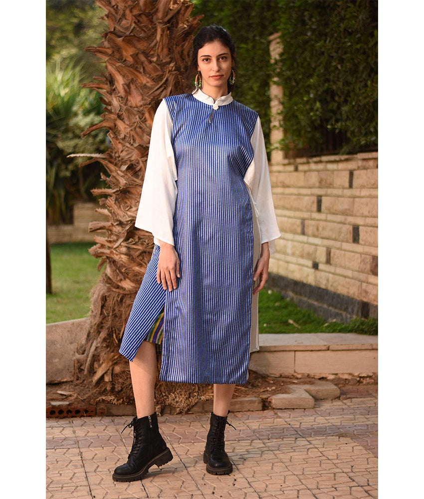 Blue & Silver Silk & Cotton Loom Woven Long Sleeve Tunic handmade in Egypt & available at Jozee Boutique.