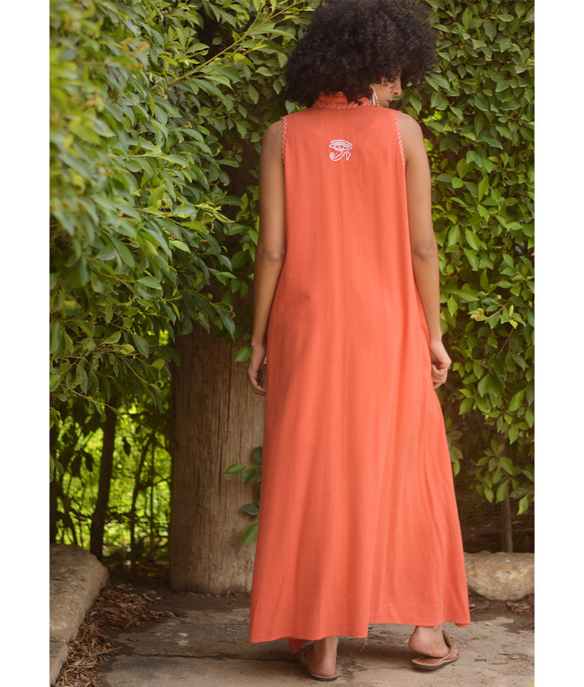 Orange Linen Dress with Ancient Egyptian Lotus Embroidery handmade in Egypt & available at Jozee Boutique.