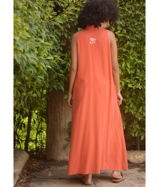 Orange Linen Dress with Ancient Egyptian Lotus Embroidery handmade in Egypt & available at Jozee Boutique.