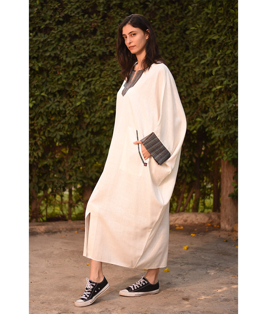 White Linen Kaftan with Silk & Cotton Loom Woven Patches handmade in Egypt & available at Jozee Boutique.