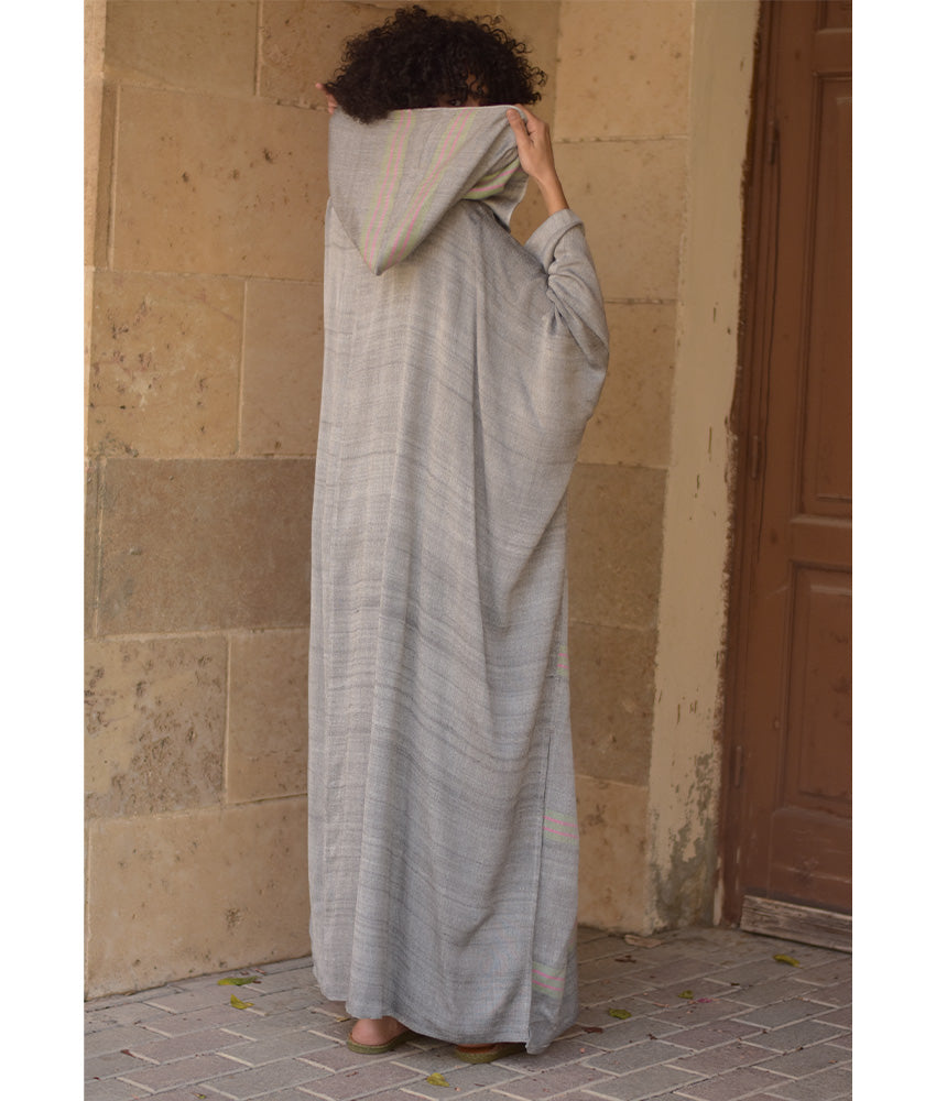 Grey Viscose Cardigan with Hoodie handmade in Egypt & available at Jozee Boutique.