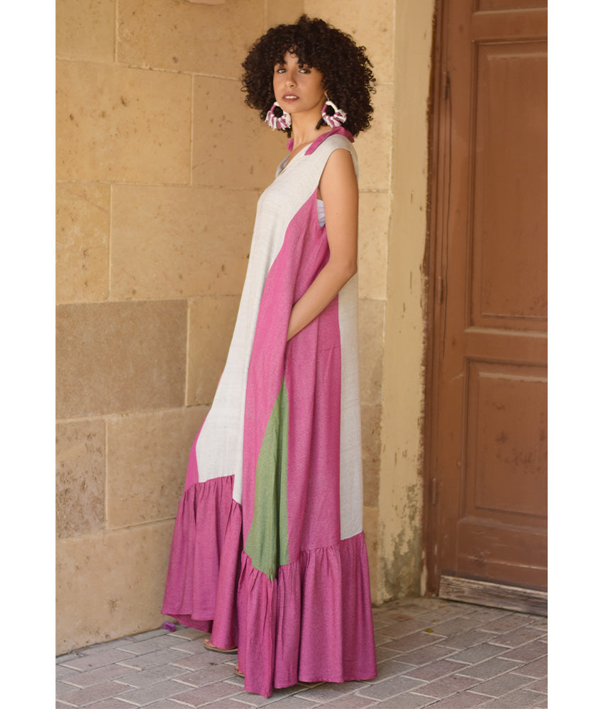 Fuchsia Pink & Grey Handwoven Ruffle Dress Handmade in Egypt & available at Jozee Boutique